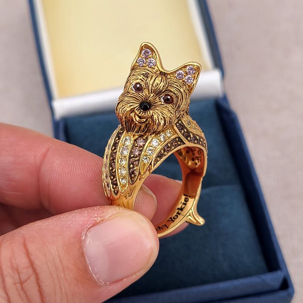 Bradford Exchange I Love My Yorkie 18k Gold Plated Ring Swarovski Crystals 10.5